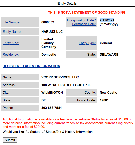 HARUUS LLC registration in Delaware, United States, 15 July 2021