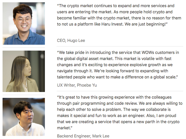 Some of the employees of Haru Invest as featured on their Notion recruitment page